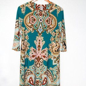 Chico's Women's Size 0 Teal Paisley Print Boho Stretch Cocktail Sheath Dress